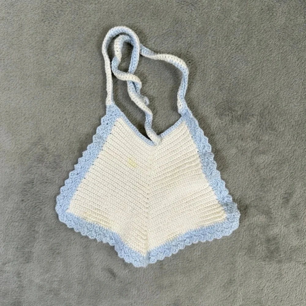 Handmade Crochet Baby Bib White Light Blue Scalloped Edge Vintage Style 12658